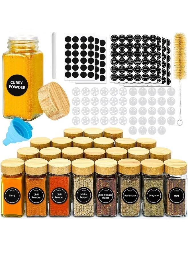 هابي هوم مجموعة مبرطبانات توابل زجاجية مكونة من 24 قطعة بأغطية من الخيزران محكمة الغلق- عبوات توابل مربعة فارغة سعة 120 مل مع أغطية رج، وملصقات، وقمع سيليكون قابل للطي، وفرشاة إسفنجية، وقلم سبورة بيضاء متضمن - Image 1