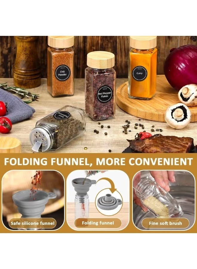 هابي هوم مجموعة مبرطبانات توابل زجاجية مكونة من 24 قطعة بأغطية من الخيزران محكمة الغلق- عبوات توابل مربعة فارغة سعة 120 مل مع أغطية رج، وملصقات، وقمع سيليكون قابل للطي، وفرشاة إسفنجية، وقلم سبورة بيضاء متضمن - Image 5