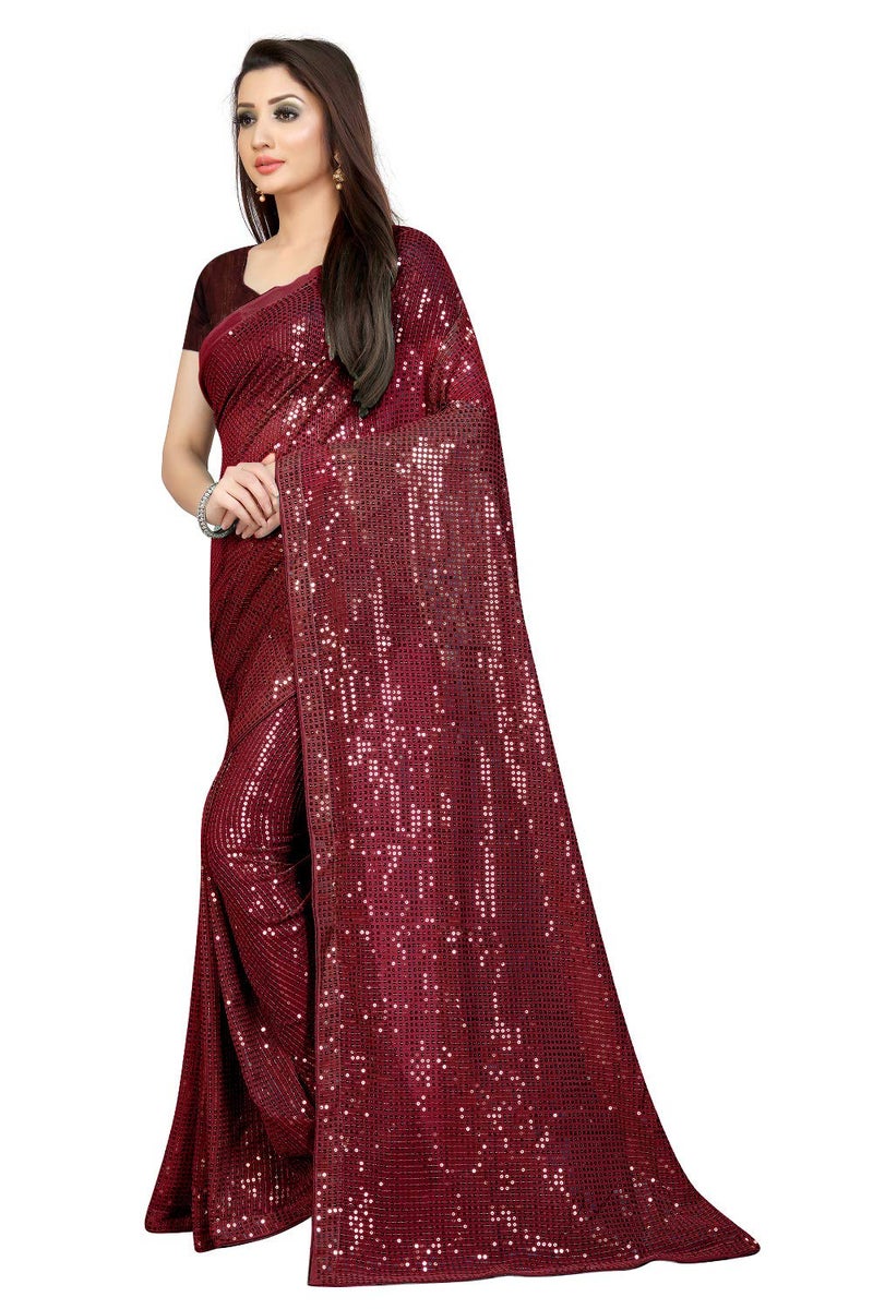 Florely Women's Pure Georgette sequence saree with unstiched blouse piece(Free size) (Marron) - Image 3