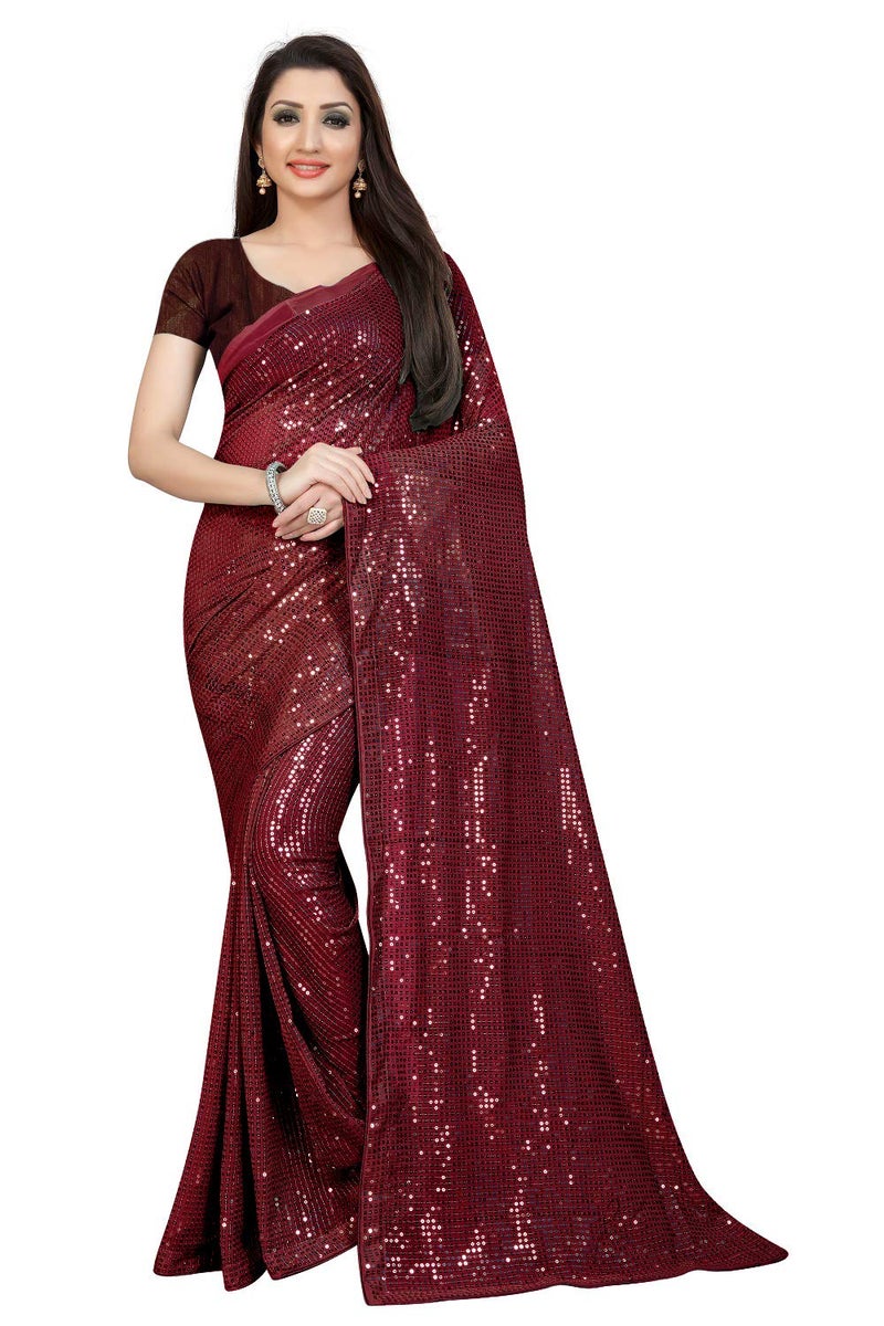 Florely Women's Pure Georgette sequence saree with unstiched blouse piece(Free size) (Marron) - Image 5