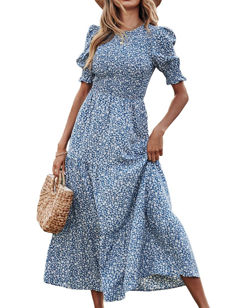 BTFBM Women Casual Summer Dresses 2026 Spring Crew Neck Ruffle Short Sleeve Smocked Floral Boho Flowy Maxi Dress Clothes(Floral Blue White, X-Large) - Image 1