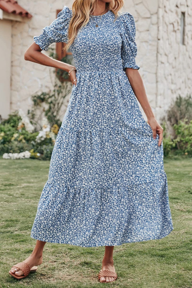 BTFBM Women Casual Summer Dresses 2026 Spring Crew Neck Ruffle Short Sleeve Smocked Floral Boho Flowy Maxi Dress Clothes(Floral Blue White, X-Large) - Image 2