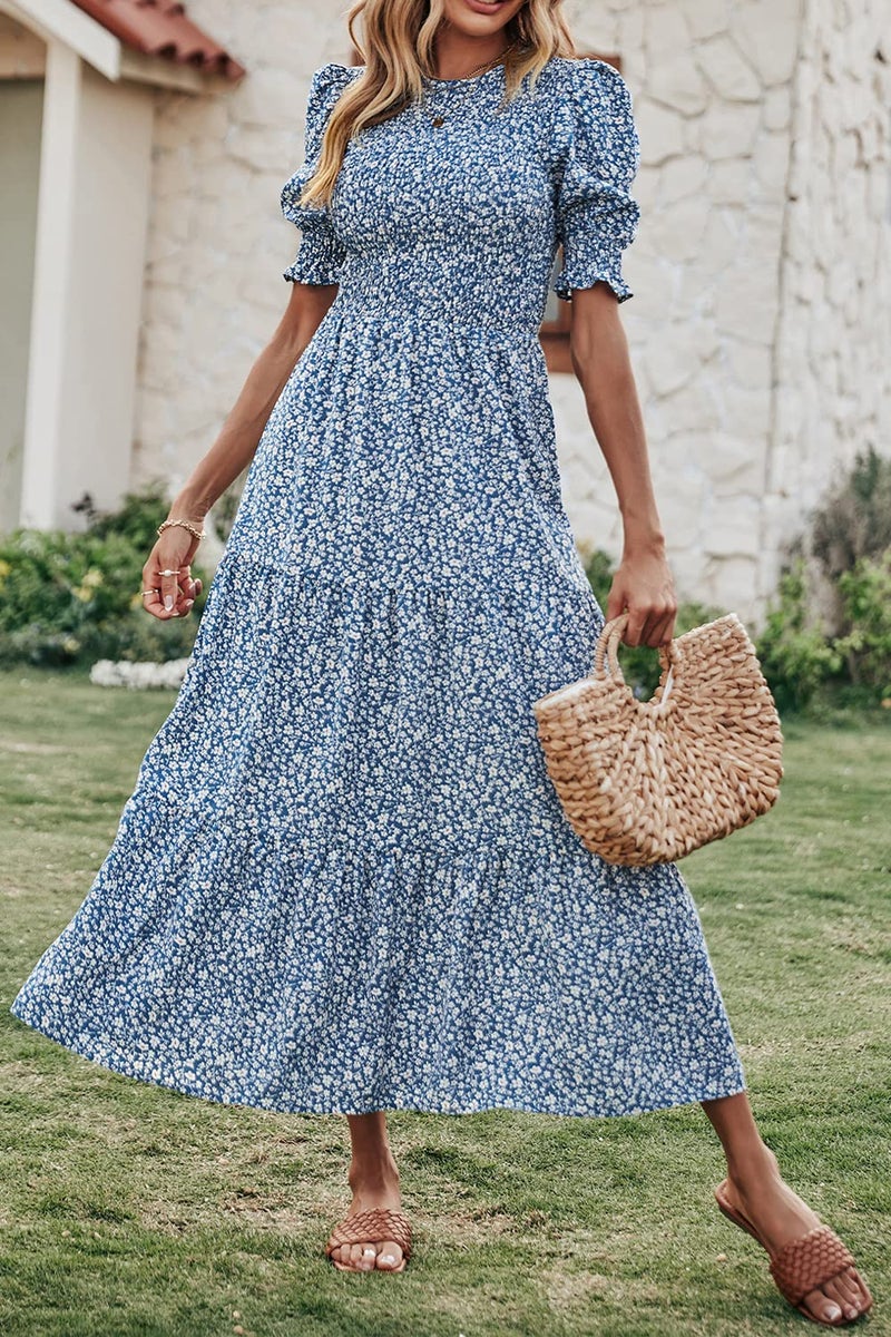 BTFBM Women Casual Summer Dresses 2026 Spring Crew Neck Ruffle Short Sleeve Smocked Floral Boho Flowy Maxi Dress Clothes(Floral Blue White, X-Large) - Image 3