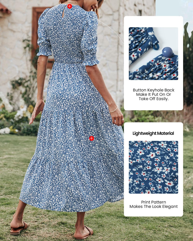 BTFBM Women Casual Summer Dresses 2026 Spring Crew Neck Ruffle Short Sleeve Smocked Floral Boho Flowy Maxi Dress Clothes(Floral Blue White, X-Large) - Image 4