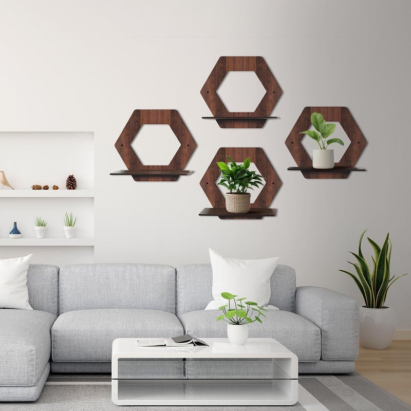 9br Wall Mounted Shelf for Living Room Stylish MDF Floating Shelf Freestanding for Living Room Bedroom Kitchen Easy Assembly Set of 4 HEXAGONE Shelf - Image 1