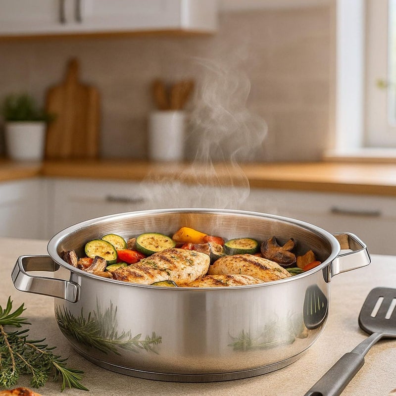 Arshia Stainless Steel Shallow Pan with Lid, 26 cm - Image 2