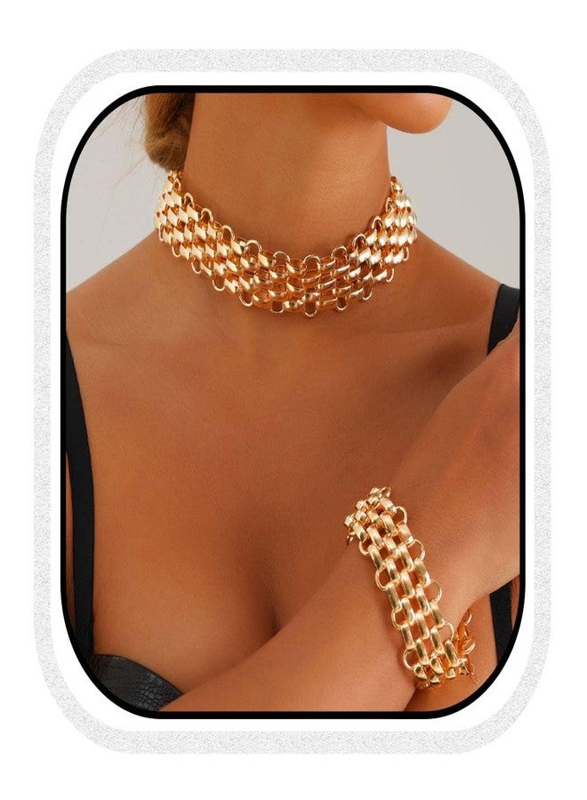 CLOACE Choker Necklaces Set Chunky Punk Necklace Cuban Link Thick Necklace Jewelry 2 Pcs for Women (gold) - Image 1