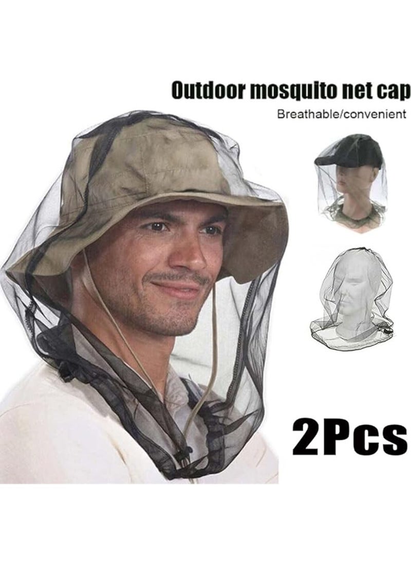 2Pcs Mosquito Head Net Hat, Insect Fly Mesh Face Protector Travel Camping,Ultra Large & Long, Extra Fine Holes, Mesh