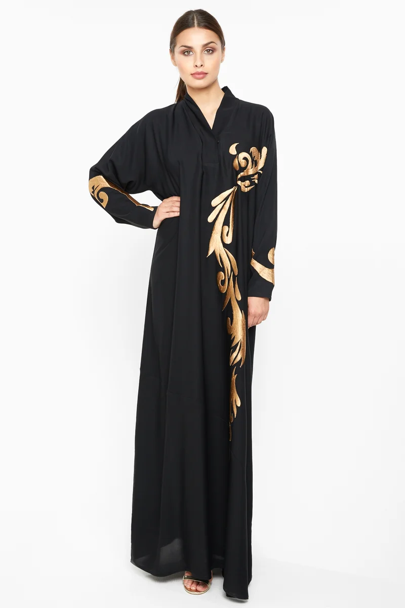 النخبة A sensuous abaya with golden floral embroidery detailing-AJ674A