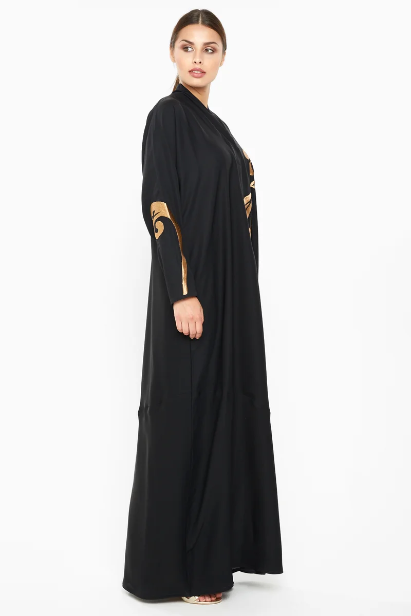 النخبة A sensuous abaya with golden floral embroidery detailing-AJ674A