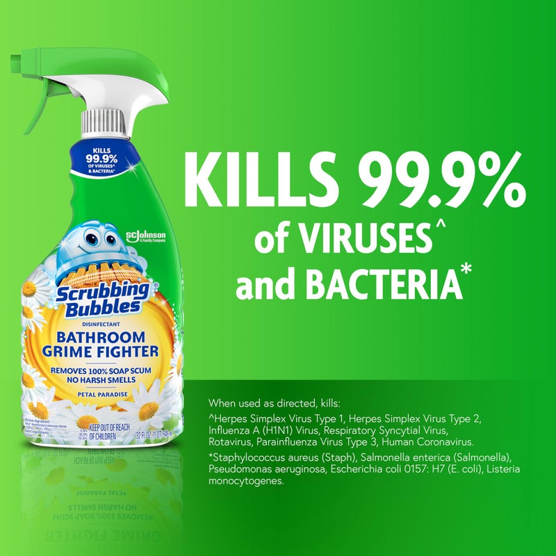 Scrubbing Bubbles Bathroom and Shower Cleaner Disinfectant Spray, Foaming Action Bathroom Grime Fighter, Petal Paradise Scent, 32oz - Image 3