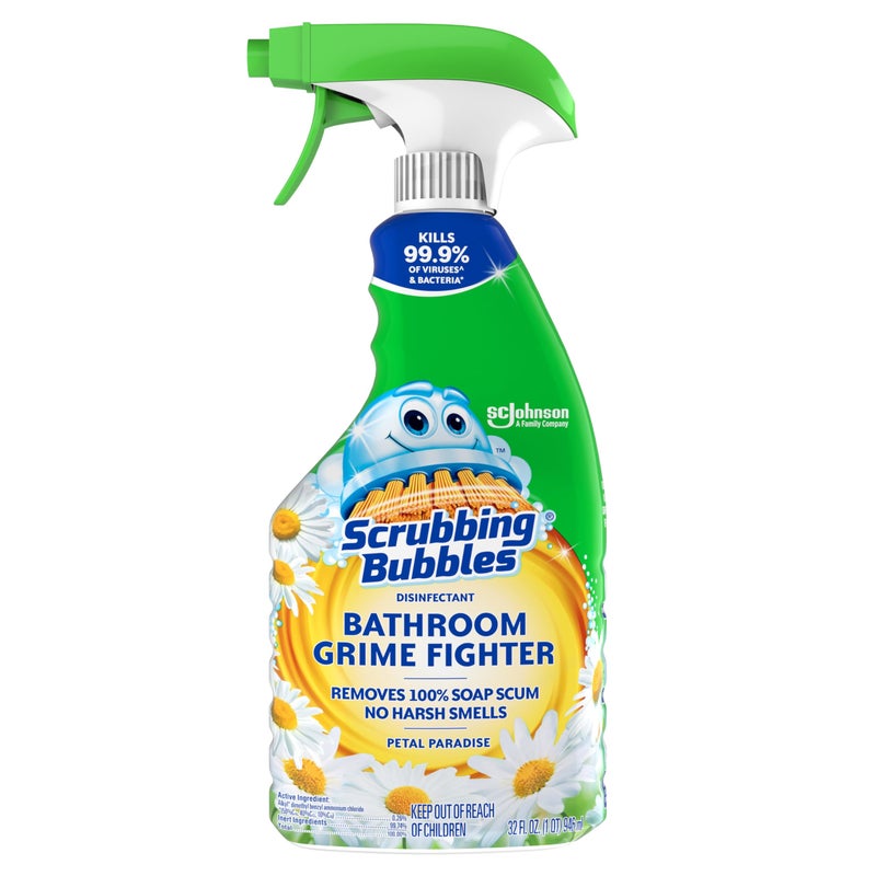 Scrubbing Bubbles Bathroom and Shower Cleaner Disinfectant Spray, Foaming Action Bathroom Grime Fighter, Petal Paradise Scent, 32oz - Image 1