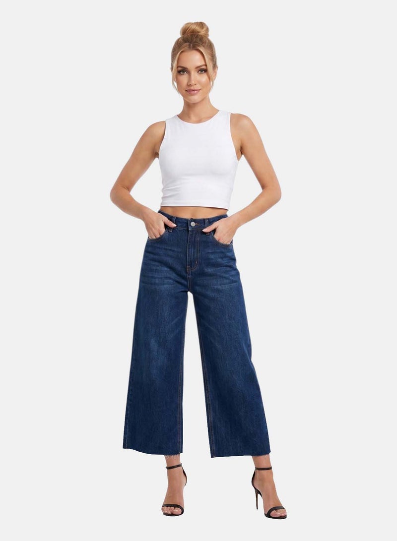 FOREVER 21 Wide-Leg Cropped Denim Jeans with Raw Hem - Image 1