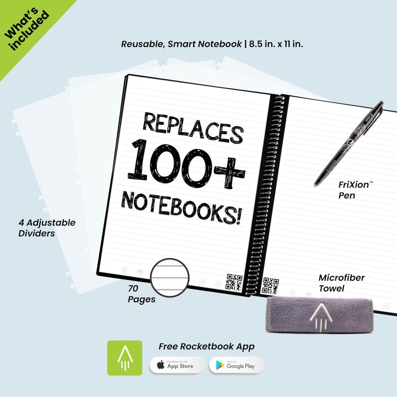 Rocketbook Multi-Subject Reusable Smart Notebook | Eco-Friendly, Digitally Connected Notebook with Dividers | Lined, 8.5” x 11”, 70 PG, Black, with Pen, Cloth, and App Included - Image 5