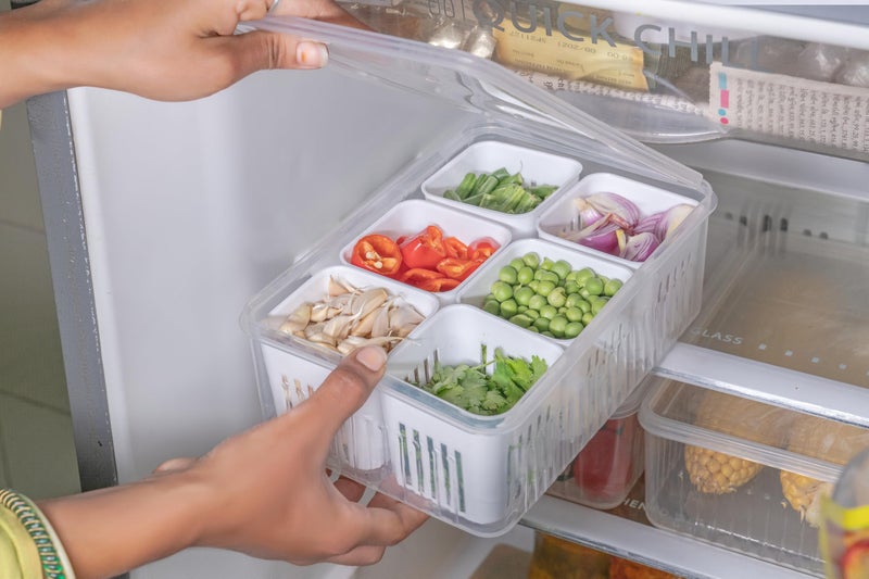 Entisia Fridge Organizer Storage Box with 6 Compartment - Plastic Storage Box for Vegetables, Fruits, Herbs & Meal Prep - Ideal for Home & Kitchen, Office & BPA-Free Food Storage Organizer (Pack of 1) - Image 1