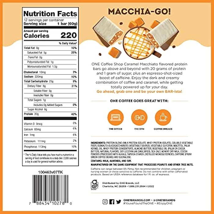 ONE Coffee Shop Caffeinated Protein Bars, Caramel Macchiato, Gluten Free with 20g Protein and 65mg of Caffeine Energy, Pantry Staples, 2.12 oz (12 Count), Packaging May Vary - Image 2