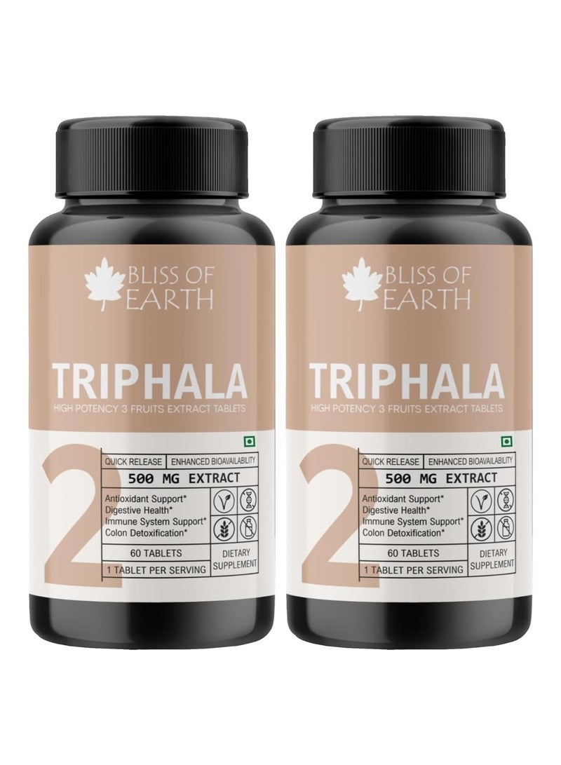 Bliss of Earth High Potency Triphala Extract Tablets 500mg With Quick Release and Enhanced Bioavailability Digestive Health and Constipation Relief Support 60 Tablets Pack Of 2