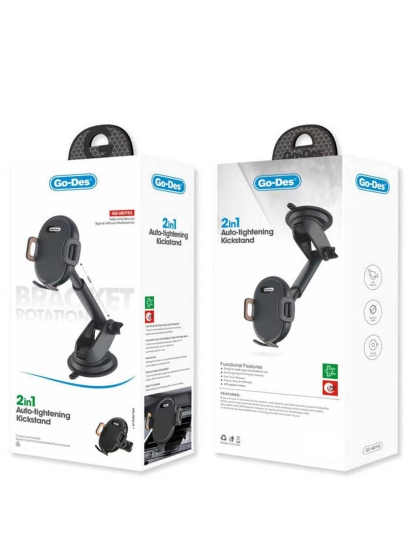 2-in-1 Mini Folding Car Mount Phone Holder – Auto-Tightening Kickstand for Secure Car Dashboard & Desk Use