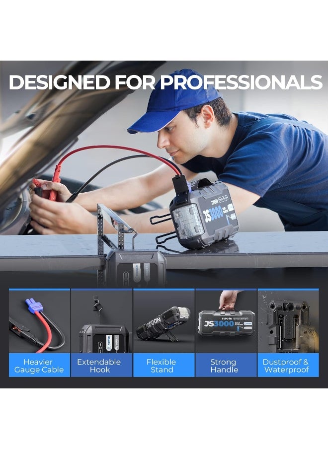 Topdon TOPDON Jump Starter Car Battery Charger, 12V 3000A JS3000 Battery Booster Jump Starter Pack for Up to 9L Gas/ 7L Diesel Engines, Portable Battery Charge with Handle Jumper Cable EVA Protection Case  - Image 3