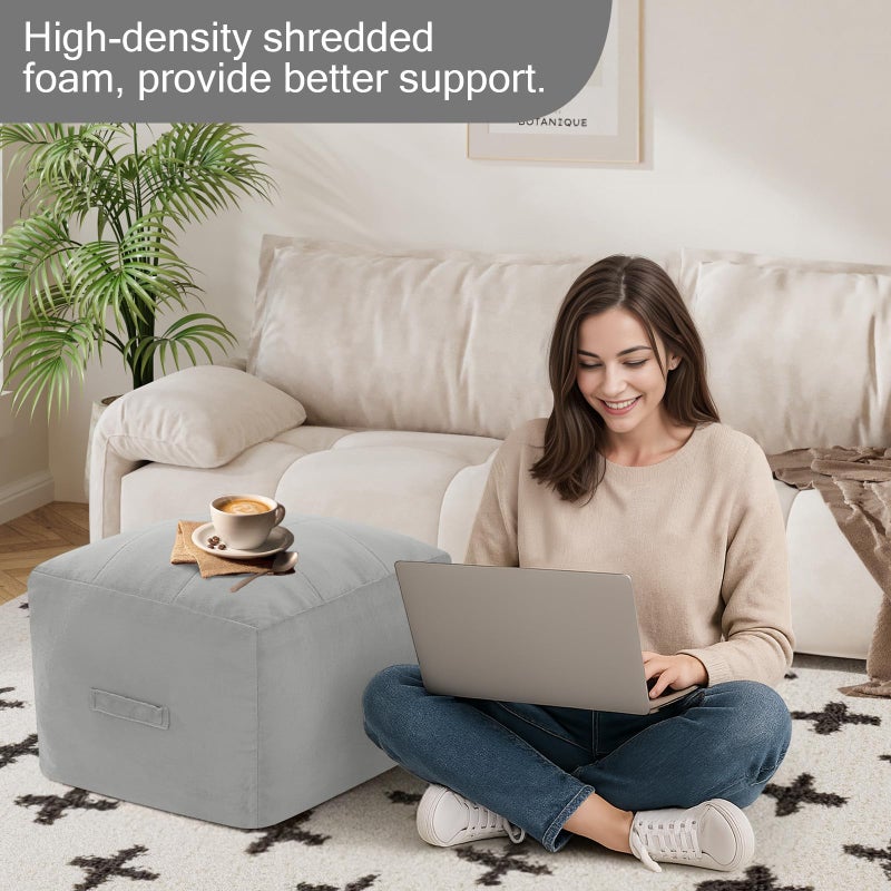 MeMoreCool Square Stuffed Pouf Ottoman Foot Rest, Floor Pouf Foot Stool with Foam Chunk Filling, Soft Stuffed Ottoman Footrest for Living Room, Light Grey - Image 4
