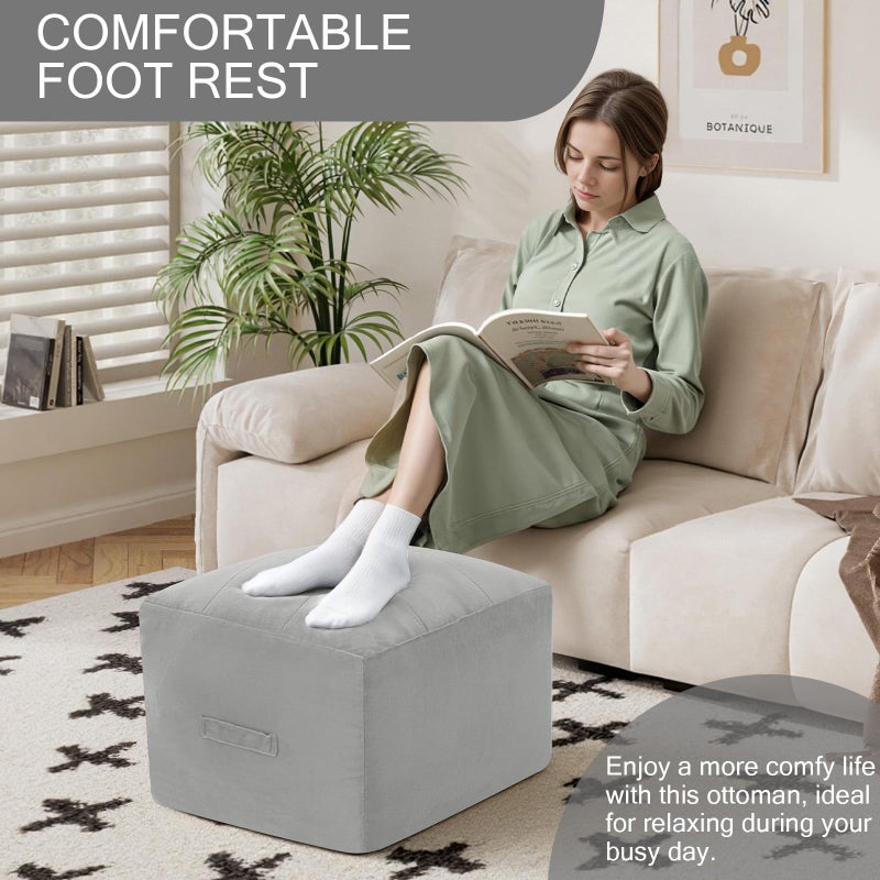 MeMoreCool Square Stuffed Pouf Ottoman Foot Rest, Floor Pouf Foot Stool with Foam Chunk Filling, Soft Stuffed Ottoman Footrest for Living Room, Light Grey - Image 3