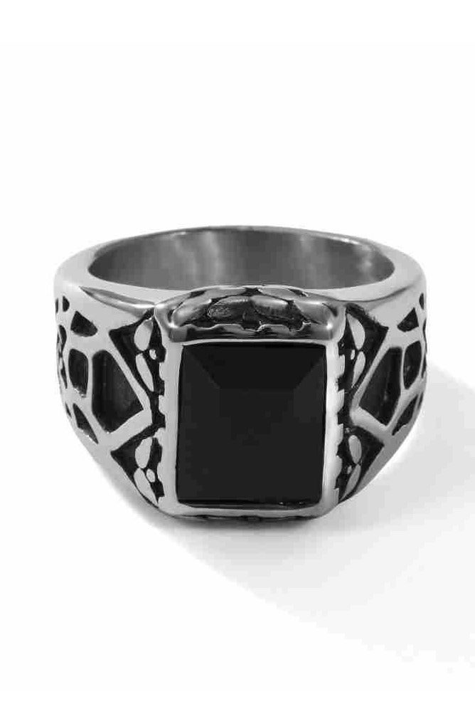 روماد خاتم فضي أنيق بحجر أسود مستطيل ونقوش عربية فاخرة على الجانبين. - Image 3