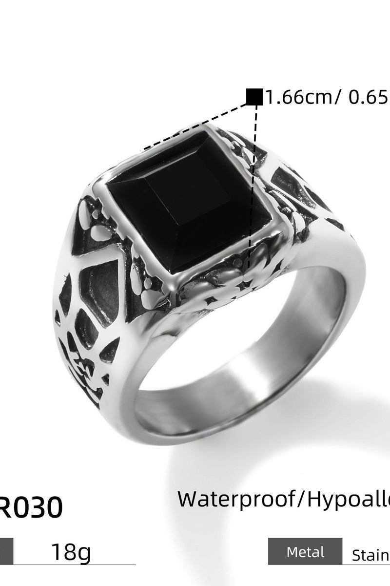 روماد خاتم فضي أنيق بحجر أسود مستطيل ونقوش عربية فاخرة على الجانبين. - Image 4