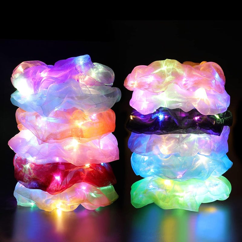 YL Mainland 12PCS LED Scrunchies Glow in the Dark Hair Ties with Premium Gift Bag Light Up Hair Accessories for Women 3 Light Modes Colorful Meteor Yarn Hair Ties Hair Bands for Neon Glow Party 