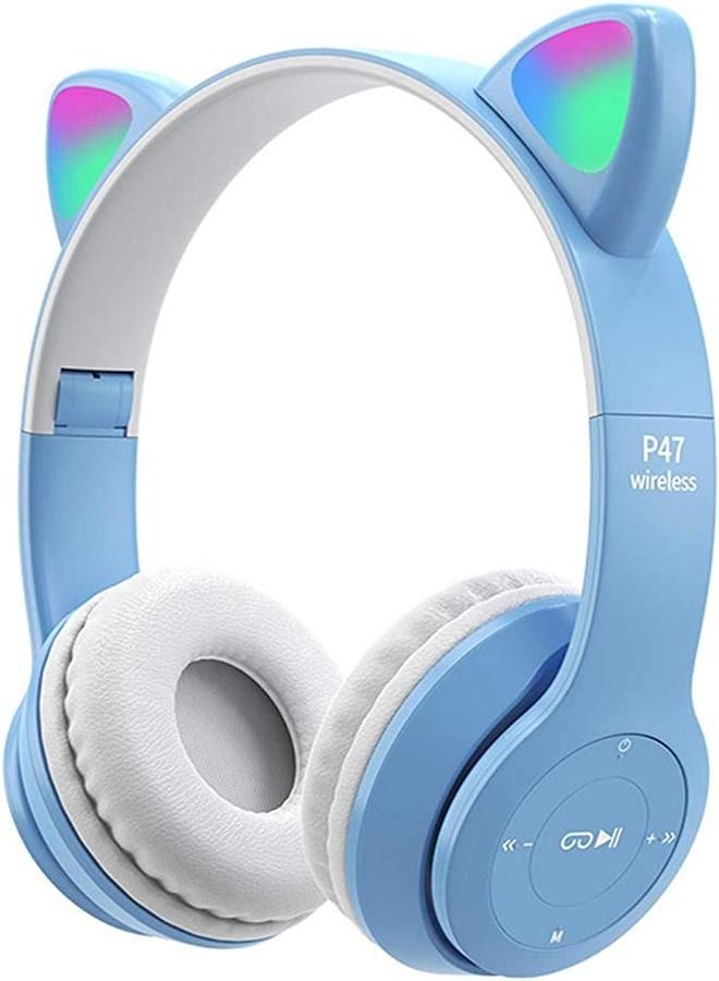 P47 Wireless Gaming Headset, Bluetooth 5.0 Cat Ear Headphones, Kids Headphones,LED Light Up Bluetooth Over Ear Headphones for Kids and Adults Wearing (BLUE) - Image 1