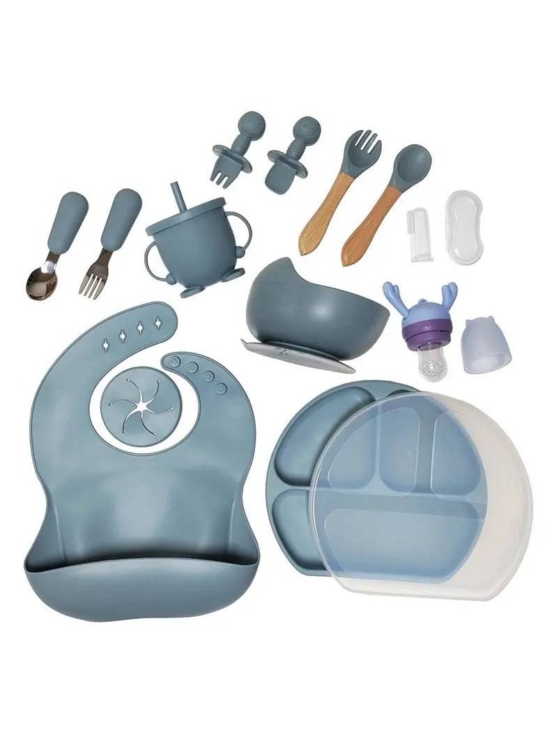 PLAY 17 Pieces Baby Feeding Silicon Utensils with suction including Spoons Bib Cup and Infant Suction Plate with Lid - Image 1