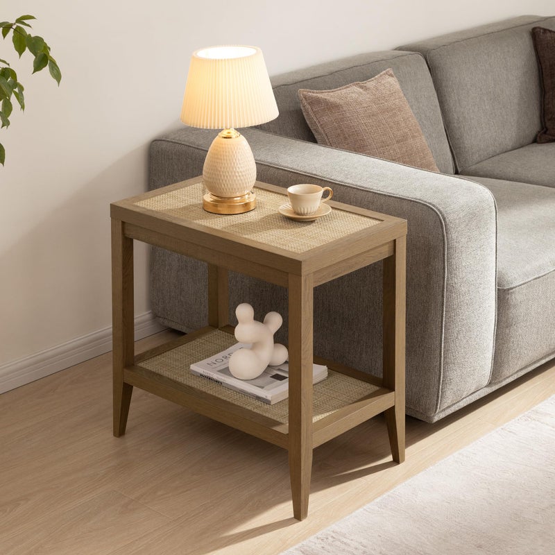SICOTAS Rattan Night Stand Bedside Table - Farmhouse Boho Narrow End Table for Living Room - Accent Side Table with 2 Rattan Open Storage Shelves for Bedroom, Small Spaces - Image 1