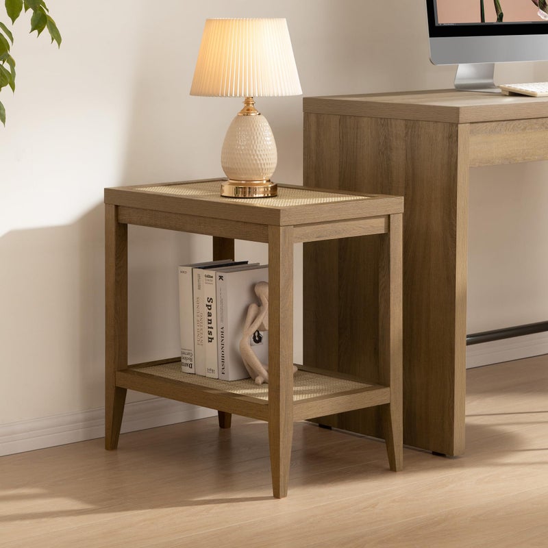 SICOTAS Rattan Night Stand Bedside Table - Farmhouse Boho Narrow End Table for Living Room - Accent Side Table with 2 Rattan Open Storage Shelves for Bedroom, Small Spaces - Image 2