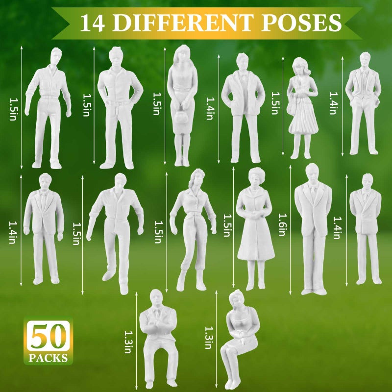 Namalu 50 Pcs Miniature People Architectural 1: 50 Scale Model Trains White Unpainted Mini People Figures Standing and Sitting Mini People Diorama Figures for Architectural Project Miniature Scenes - Image 2