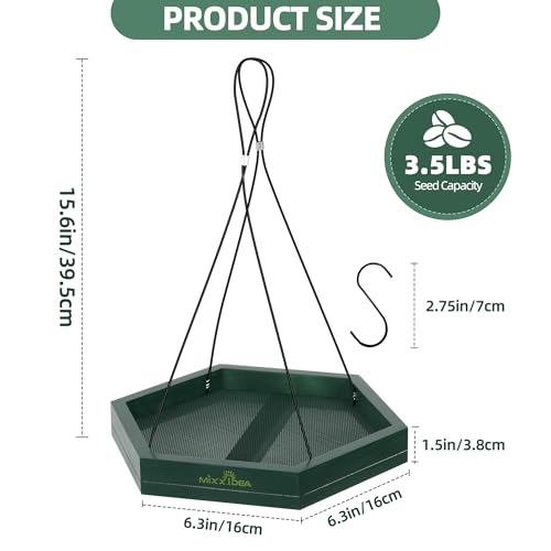 MIXXIDEA Platform Bird Feeder Tray, Hanging Bird Feeders for Outdoors, Wooden Seed Tray Mesh Seed Platform for Garden Yard Outside Decoration Attracting for Wild Birds (1pk-Green) - Image 2