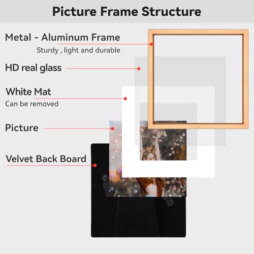 BKABOT 9x9 Picture Frame, Gold Metal Square Photo Frames with HD Glass, Fits 8x8 with Mat or 9 x 9 without Mat, Display for Wall and Table, 1 Pack - Image 4
