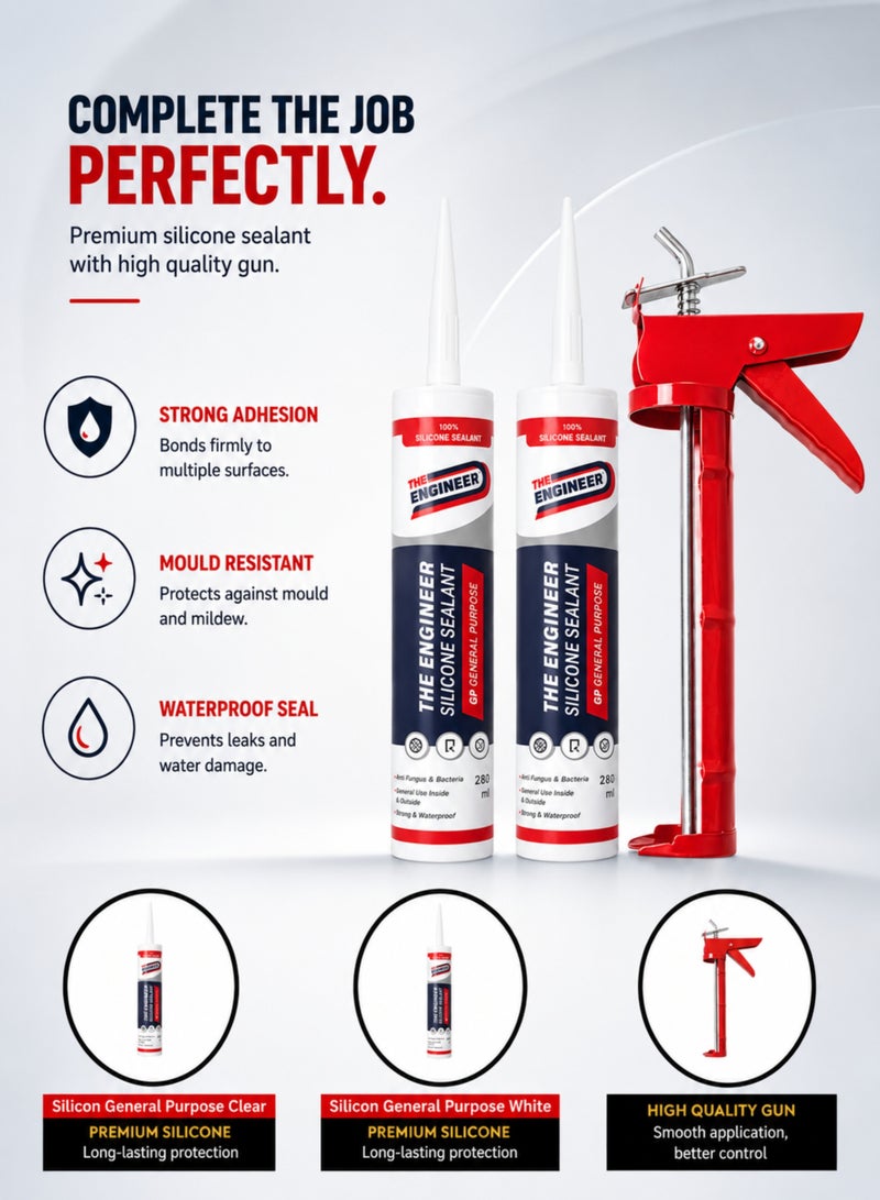 Engineer General Purpose Silicone Sealant Kit with Heavy Duty Silicone Caulking Gun – 2 x 280ml (1 Clear + 1 White) – Waterproof, Anti-Fungal, Strong Adhesion, Indoor & Outdoor Sealant for Kitchen, Bathroom, Windows & Construction - Image 1