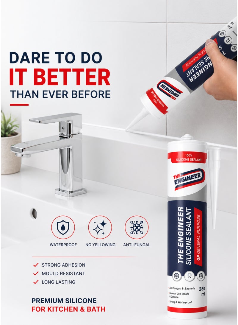 Engineer General Purpose Silicone Sealant Kit with Heavy Duty Silicone Caulking Gun – 2 x 280ml (1 Clear + 1 White) – Waterproof, Anti-Fungal, Strong Adhesion, Indoor & Outdoor Sealant for Kitchen, Bathroom, Windows & Construction - Image 4