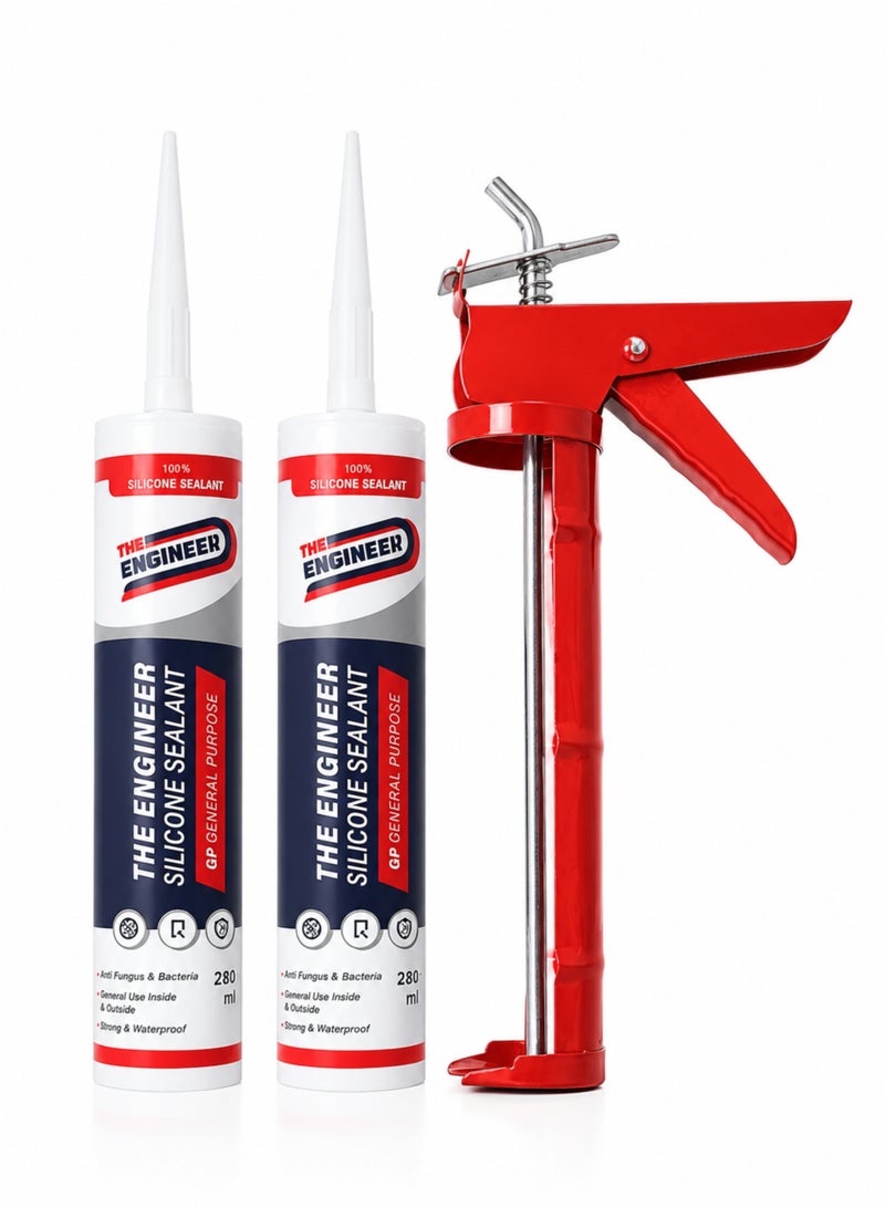 Engineer General Purpose Silicone Sealant Kit with Heavy Duty Silicone Caulking Gun – 2 x 280ml (1 Clear + 1 White) – Waterproof, Anti-Fungal, Strong Adhesion, Indoor & Outdoor Sealant for Kitchen, Bathroom, Windows & Construction - Image 2