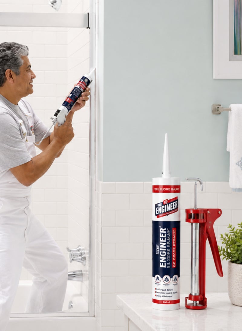 Engineer General Purpose Silicone Sealant Kit with Heavy Duty Silicone Caulking Gun – 2 x 280ml (1 Clear + 1 White) – Waterproof, Anti-Fungal, Strong Adhesion, Indoor & Outdoor Sealant for Kitchen, Bathroom, Windows & Construction - Image 5