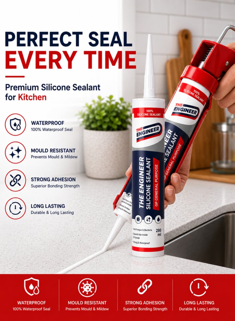 Engineer General Purpose Silicone Sealant Kit with Heavy Duty Silicone Caulking Gun – 2 x 280ml (1 Clear + 1 White) – Waterproof, Anti-Fungal, Strong Adhesion, Indoor & Outdoor Sealant for Kitchen, Bathroom, Windows & Construction - Image 3