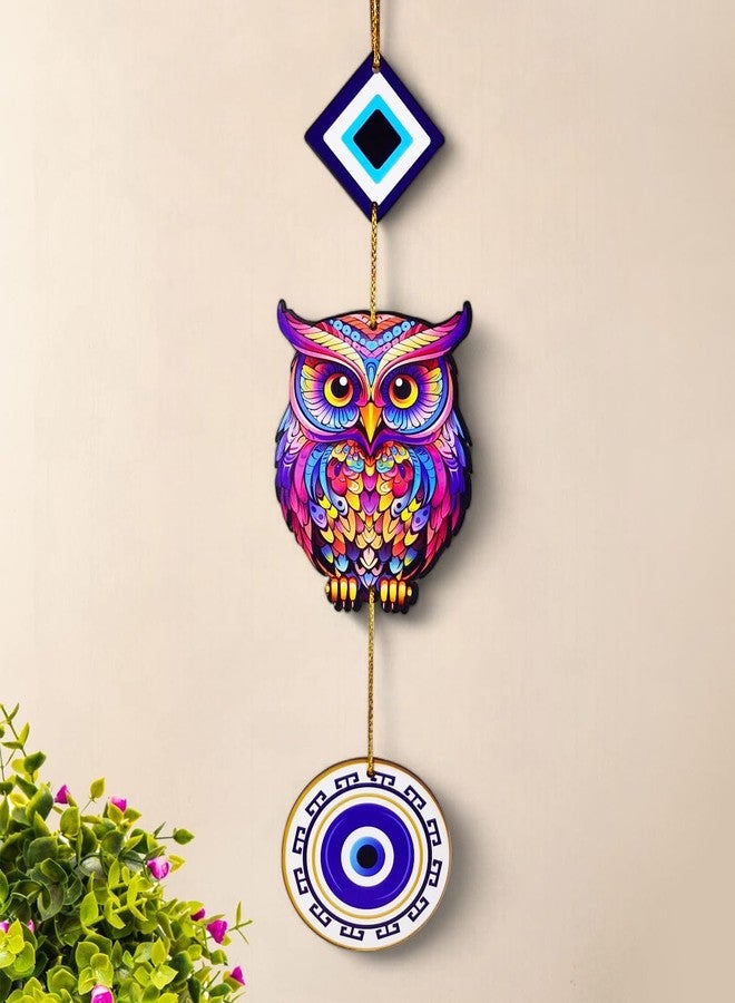 Ascension Owl Evil Eye Hanging for House Positive Vibes Wooden Evil Eye Wall Art Hanging For Wall Decor In Bedroom, Office, Kitchen Modern Artworks Wall Decor Items Door Entrance Decorative Hangings (Owl Evil Eye Hanging) - Image 2