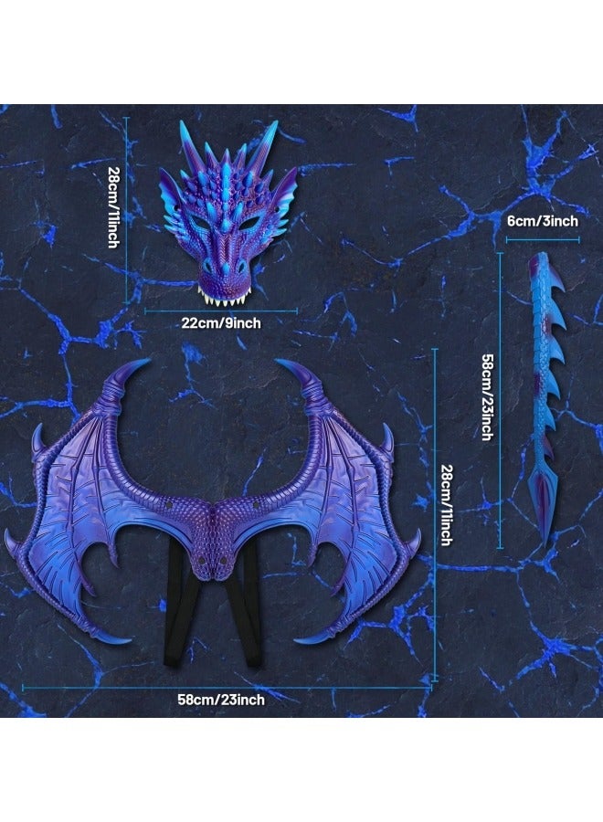 CCOVERY Dragon Costume Wing Dinosaur Tail Mask Dragon Cosplay Dinosaur Costume Set for Kids Children, Blue - Image 2