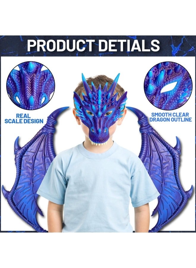 CCOVERY Dragon Costume Wing Dinosaur Tail Mask Dragon Cosplay Dinosaur Costume Set for Kids Children, Blue - Image 3
