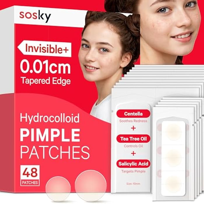 Sosky Pimple Patches for Face, Invisible Hydrocolloid Acne Patches, HSA Store Eligible Items, Zit Sticker for Face and Skin, Pimple Sticker for Covering Zits, Blemishes with Salicylic Acid 48 Count - Image 1