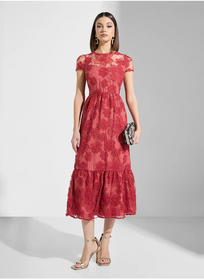 جاست مي Floral Mesh Cap Slv Open Back Midi Dress