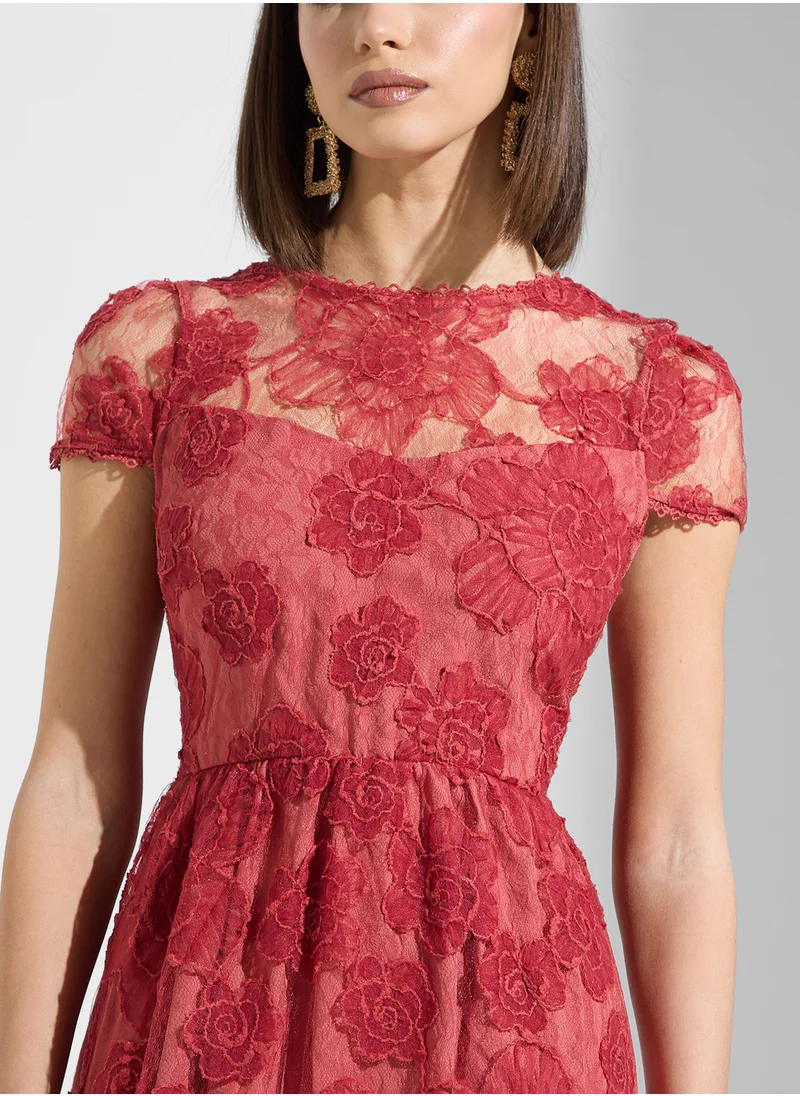 جاست مي Floral Mesh Cap Slv Open Back Midi Dress