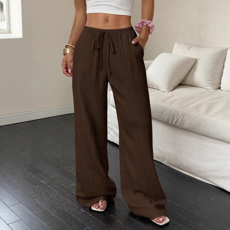 2026 Summer Women's Casual Solid Textured Fabric Tie Waist Slant Pocket Wide Leg Pants - Image 4