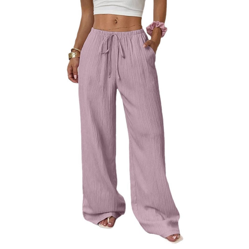 2026 Summer Women's Casual Solid Textured Fabric Tie Waist Slant Pocket Wide Leg Pants - Image 5