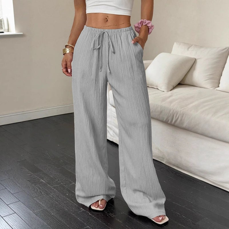 2026 Summer Women's Casual Solid Textured Fabric Tie Waist Slant Pocket Wide Leg Pants - Image 2