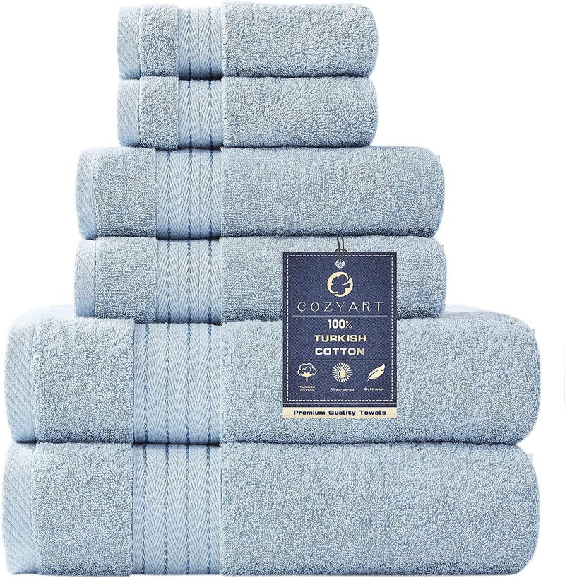 COZYART Light Blue Towel Sets for Bathroom 6Pcs, Turkish Cotton Bath Towel Set Soft Highly Absorbent and Durable 650 GSM Luxury Bathroom Sets with 2 Bath Towels, 2 Hand Towels, 2 Washclothes - Image 1
